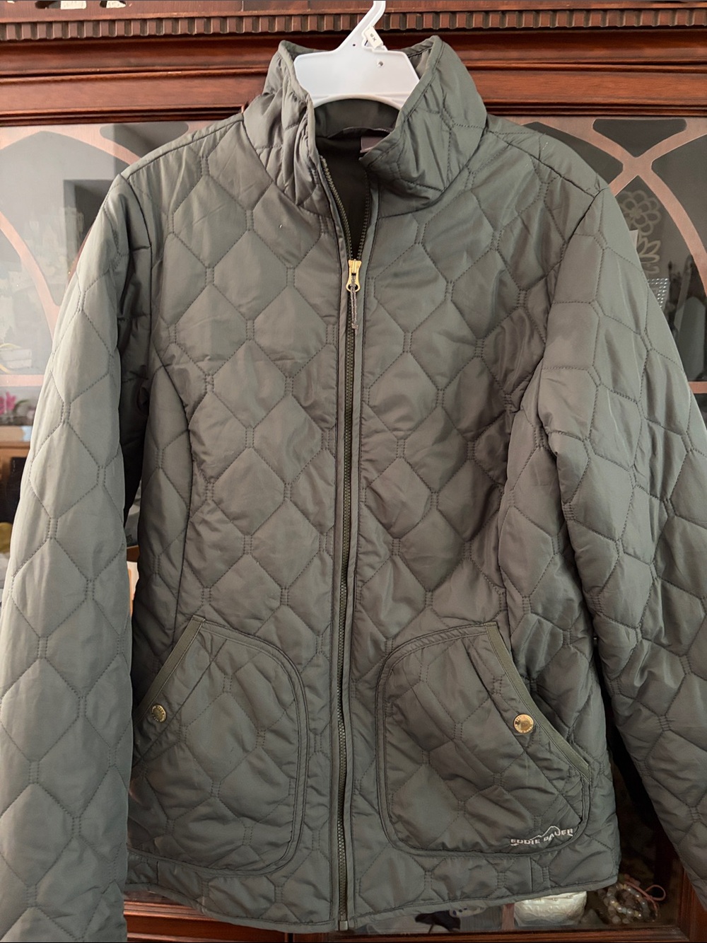 Eddie Bauer Quilted Diamond-Pattern Puffer Jacket in Olive Green